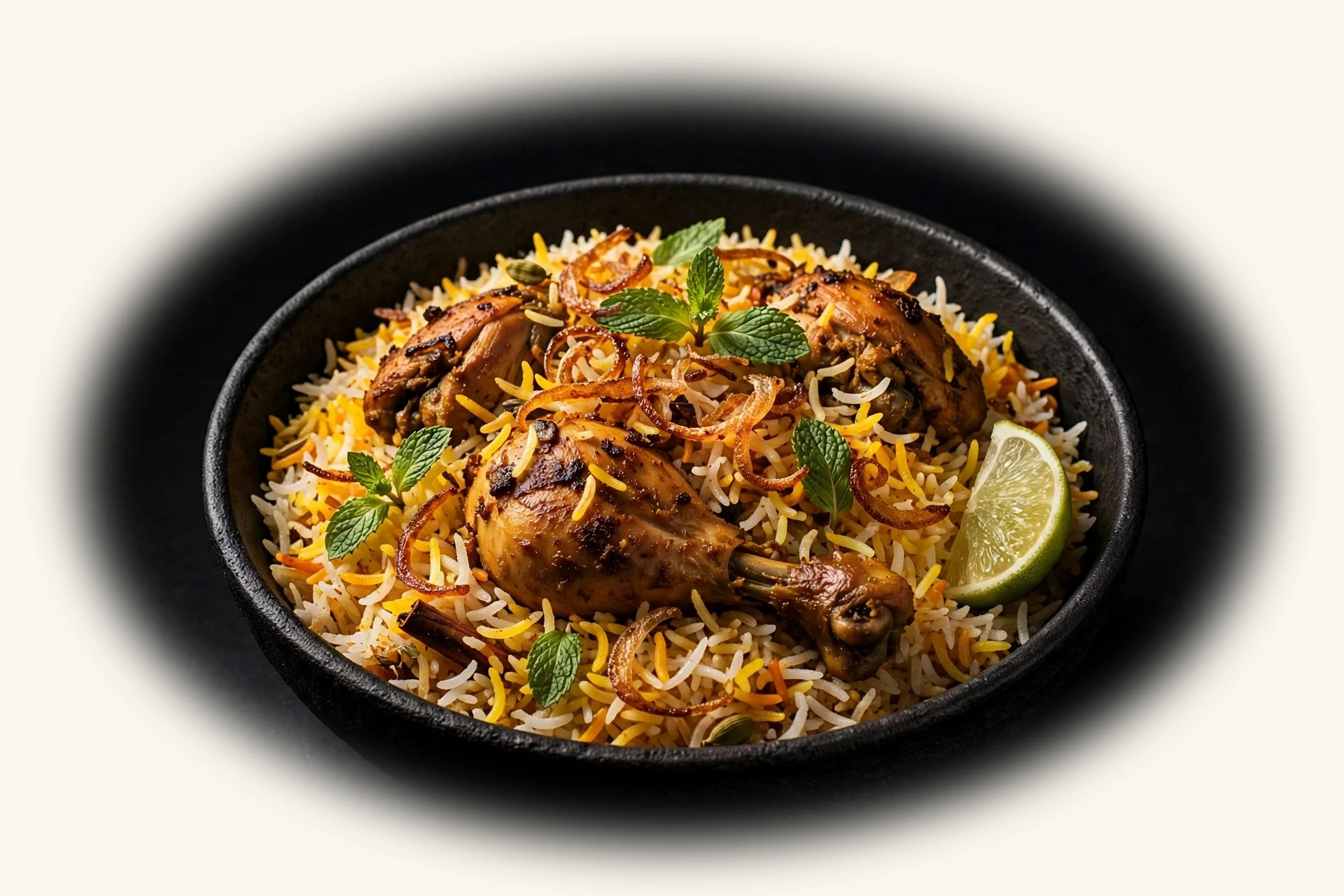 Steaming chicken dum biryani in a black bowl