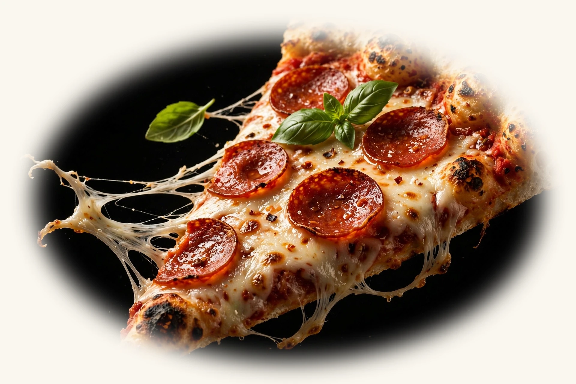 Pepperoni pizza slice with cheese pull